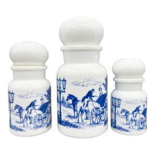 1970's Set of 3 Belgian White Milk Glass Apothecary Jars With Blue Transferware Equestrian Scenes – Victorian / English Country For Sale
