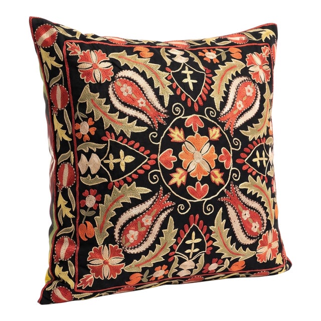 Contemporary Outpost Original Black Paisley Suzani Pillow For Sale