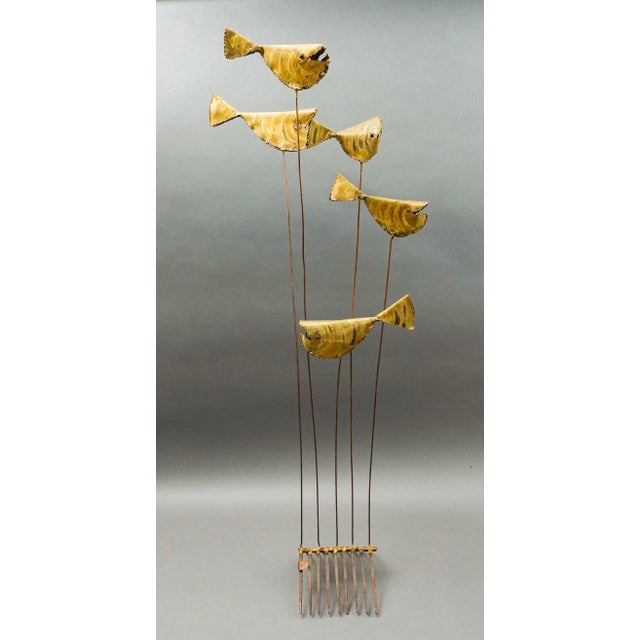 Mid-Century Modern DeGroot Brutalist Mid-Century Modern Mixed Metal Brass Copper Iron Kinetic 5 Fish Sculpture For Sale - Image 3 of 7