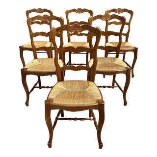 1910s Vintage French Country Provencal Solid Walnut Rush Seat Dining Chairs - Set of 6 For Sale