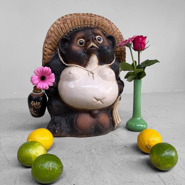 Black Shōwa Decorative Shigaraki Earthenware Tanuki with Sake Flask, Japan, 1970s For Sale - Image 8 of 11