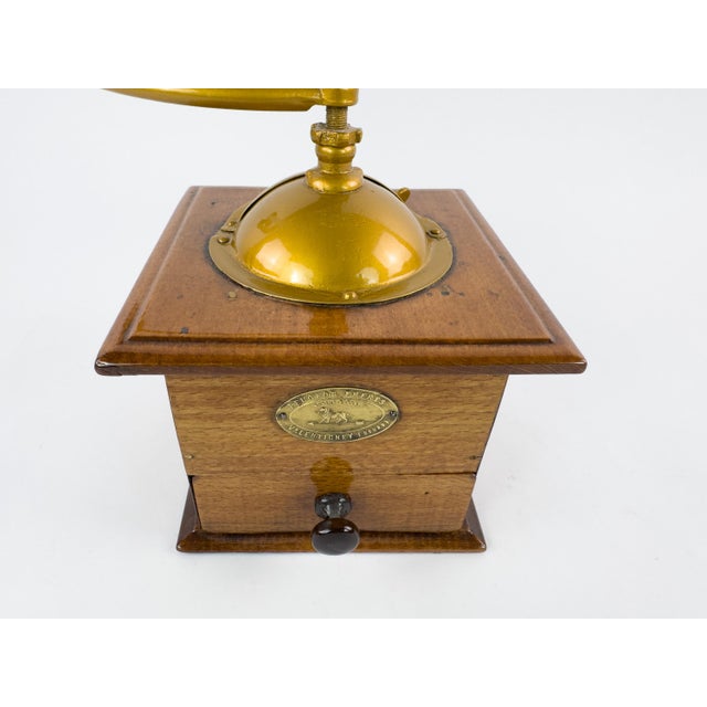 Antique French Peugeot Frères Wooden Coffee Grinder With Gold-Tone Hopper – Early 20th Century For Sale - Image 6 of 16