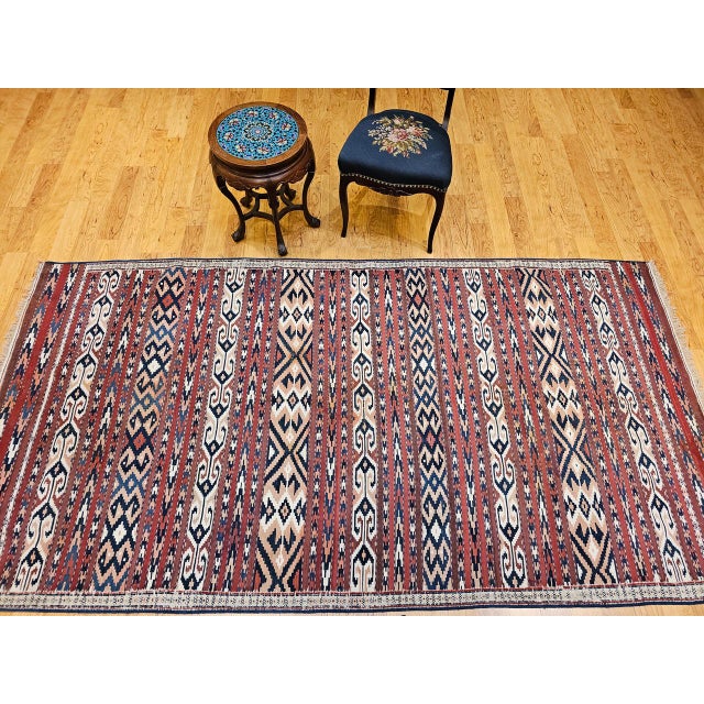 Antique Turkmen Yomut Soumak Kilim, Handwoven Wool, Geometric Pattern, Rust & Blue, 5x10 For Sale - Image 4 of 13