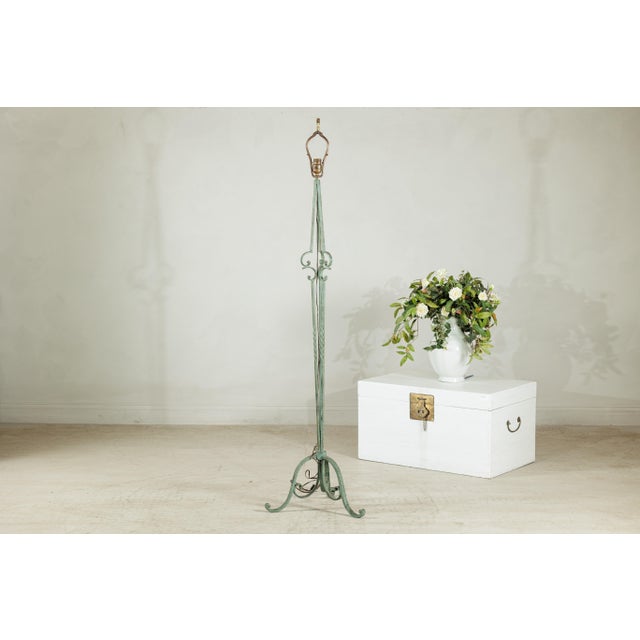 Rustic Vintage Verdigris Wrought Iron Floor Lamp with Scrolled Base and Tapered Lines For Sale - Image 3 of 18