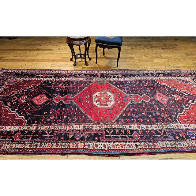 Vintage Persian Hamadan Gallery Rug, Hand-Knotted Wool, Geometric Medallion Pattern, Navy & Red, 6x12 For Sale In Chicago - Image 6 of 17