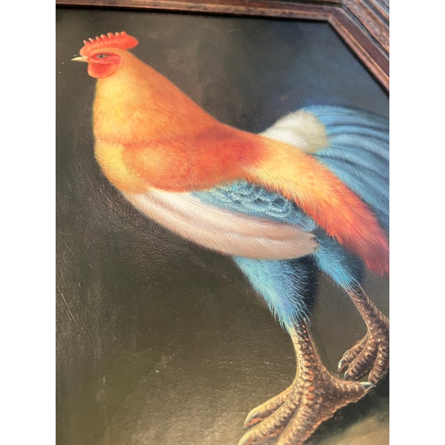 1950s Mid Century Rooster Oil Painting With Spanish Baroque Style Frame For Sale - Image 11 of 18