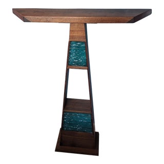 Walnut Blue Art Glass Table Stand For Sale
