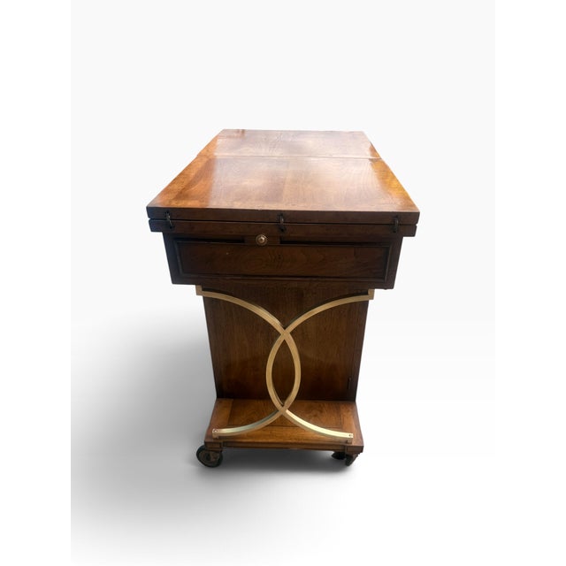 Wood Vintage Mastercraft Burl Wood & Brass Expandable Bar Cabinet on Casters For Sale - Image 7 of 14