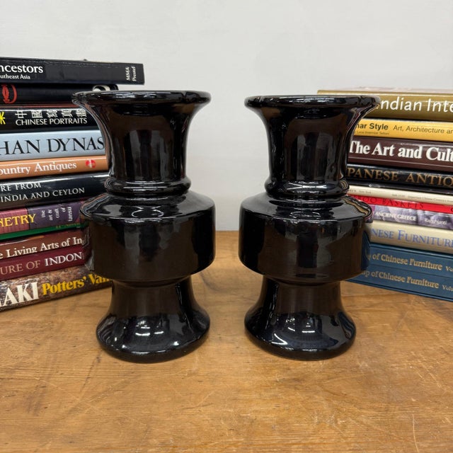 Early 20th Century Black Ceramic Vases with Bold Tiered Silhouette - A Pair For Sale - Image 5 of 10