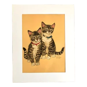Vintage Midcentury Gladys Emerson Cook Tabby Kittens Print in 16x20 Mat, EUC