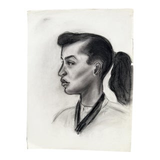 Vintage Charcoal Portrait Drawing of a Woman in Profile With Ponytail For Sale