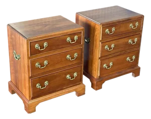 Stickley Chippendale Solid Cherry Three Drawer Nightstands With Original Brass Hardware, a Pair