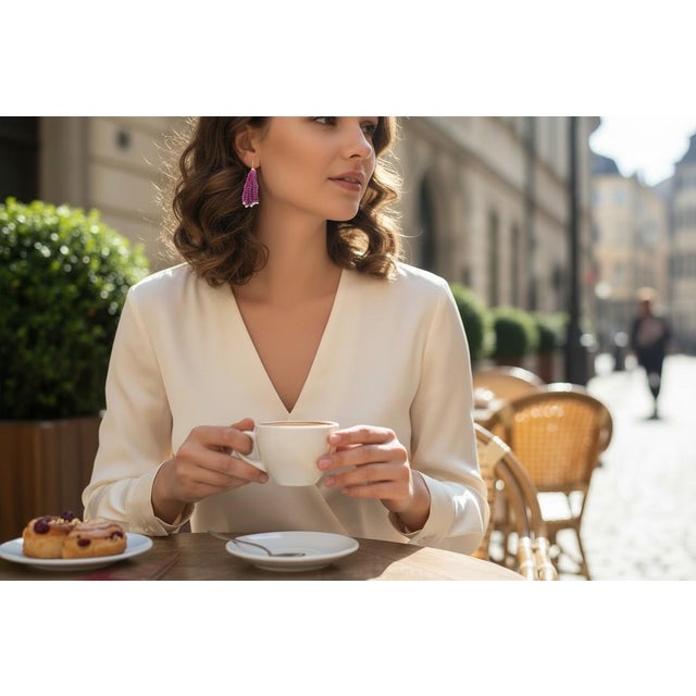 2020s 14k Yellow Gold Shepherd Hoop Earrings With Diamonds, Rubies & Opalite Tassels, A Pair For Sale - Image 5 of 11