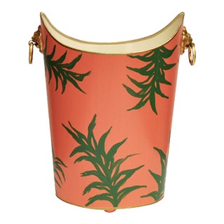 Matthew Izzo Home Wastebasket - Hand Painted Tole Metal With Palm Leaves and Gold Leaf Lion Head Handles For Sale
