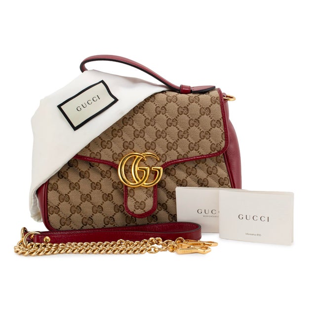 Gucci Gg Marmont Mini Beige Gg Canvas Red Leather Top Handle Bag For Sale - Image 13 of 13