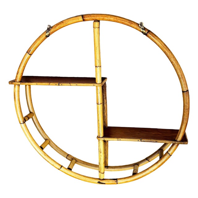 1950s Restored Mid-Century Circular Rattan & Slat Mahogany "Skeleton" Wall Shelf For Sale - Image 5 of 9