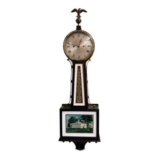 Early 19th Century New Haven Banjo Clock, Dark Mahogany Case, Reverse Painted Glass, Mt. Vernon Tablet, 8-Day Movement For Sale