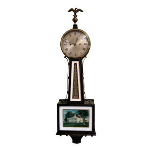 Early 19th Century New Haven Banjo Clock, Dark Mahogany Case, Reverse Painted Glass, Mt. Vernon Tablet, 8-Day Movement