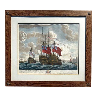 Vintage Italian Nautical Print of British Vessels Framed in Freijo Wood For Sale