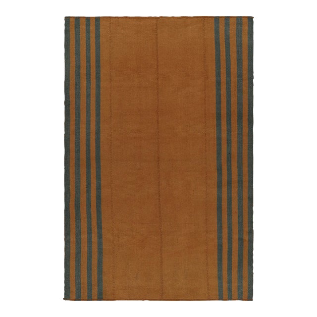 Rug & Kilim’s Textural Modern Kilim in Orange With Blue Stripes For Sale