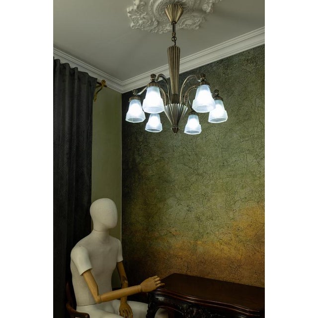 Art Deco French Bronze and Frosted White Glass Six-Light Chandelier, 1930s For Sale - Image 15 of 18