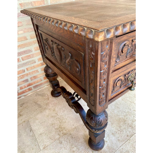 19th Century French Renaissance Hand Carved Desk or Writing Table with Carved Structure and Iron Stretcher For Sale - Image 10 of 18
