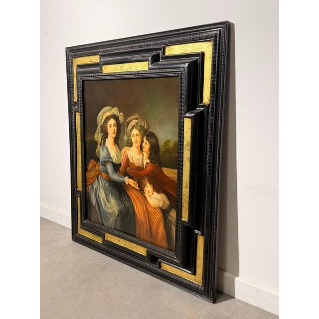 Decorative figurative painting signed R. Belliagh , executed on a wooden panel. The composition depicts an elegant group...