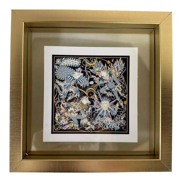 1990s Vintage Framed Authentic Original Hermès Art Advertisement Lithograph Featuring Hermès Scarf For Sale