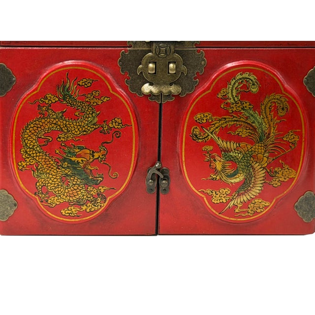 Chinese Oriental Red Dragon Phoenix Mirror Rectangular Jewelry Box For Sale In San Francisco - Image 6 of 10