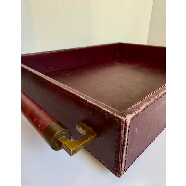 1990s Global Views Burgundy Leather Executive Desk Tray With Leather Wrapped Handles For Sale - Image 5 of 12