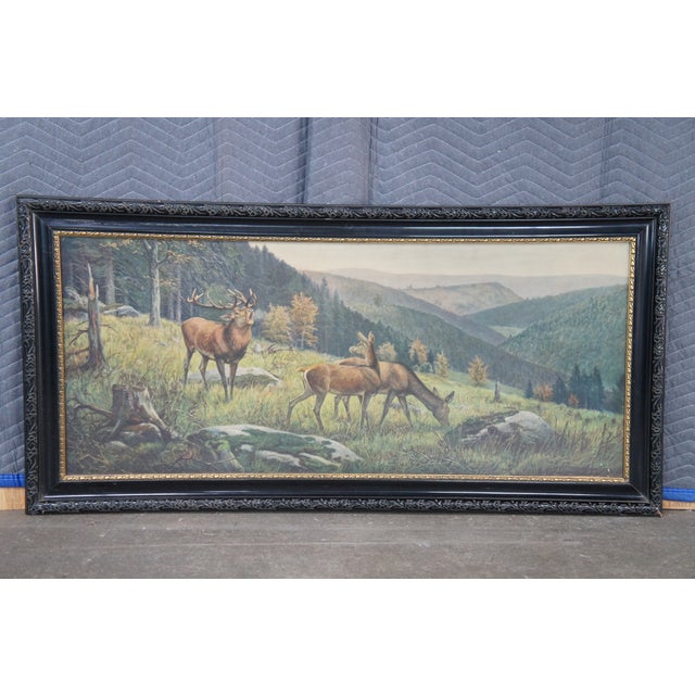 Antique Carl Zimmermann German Elk Hunting Landscape Print Carved Framed 53" For Sale - Image 4 of 12