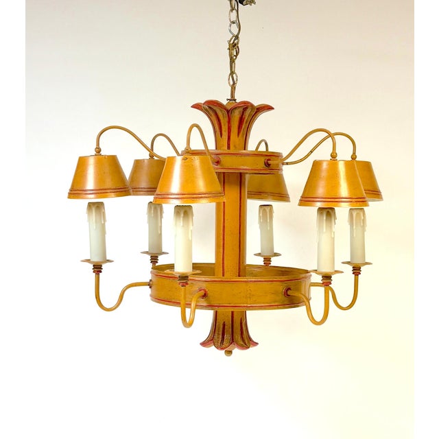 Mid 20th Century Hollywood Regency Ochre Japanned Faux Bamboo Tole Six-Light Chandelier For Sale - Image 9 of 18