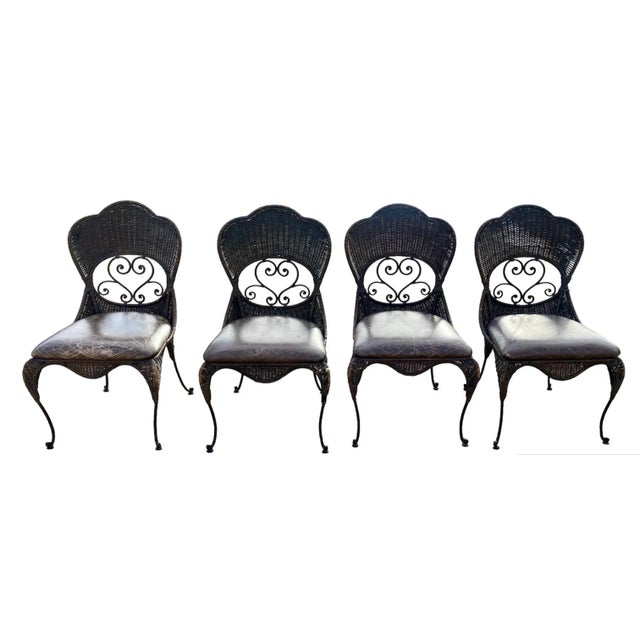 1990s Bassett Wrought Iron and Woven Wicker Rattan Table & 4 Peacock Style Chairs Dining Set For Sale In Dallas - Image 6 of 12