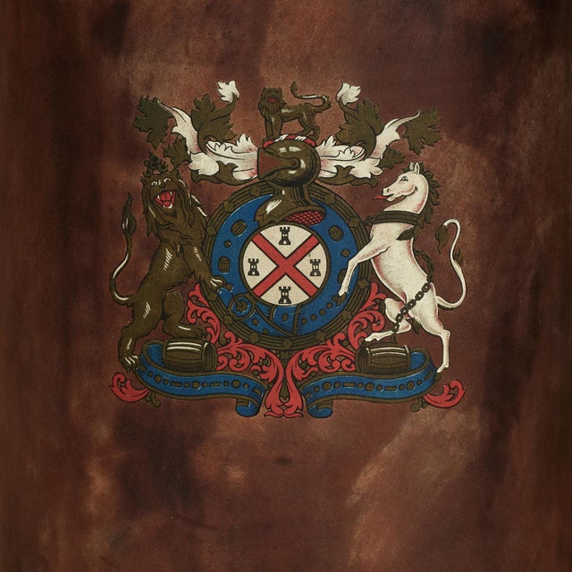 1920s Antique English Leather Bucket Table Lamps With Armorial Crests - a Pair For Sale - Image 4 of 11