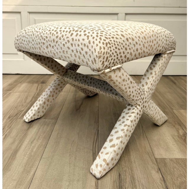 Textile Vintage X-Frame Stool in Cream & Tan Animal Print Upholstery For Sale - Image 7 of 10