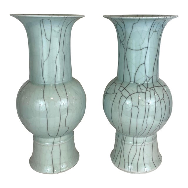 Currey & Company Modern Robins Egg Blue Roku Glaze Porcelain Vases Pair For Sale