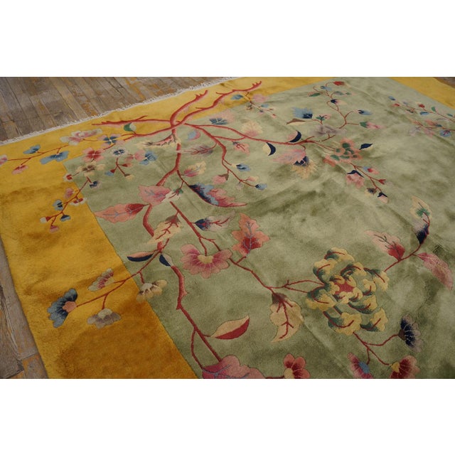Textile 1920s Green Gold Floral Antique Chinese Art Deco Carpet by Nichols Workshop 9' X 11'6" Wool Rug For Sale - Image 7 of 12