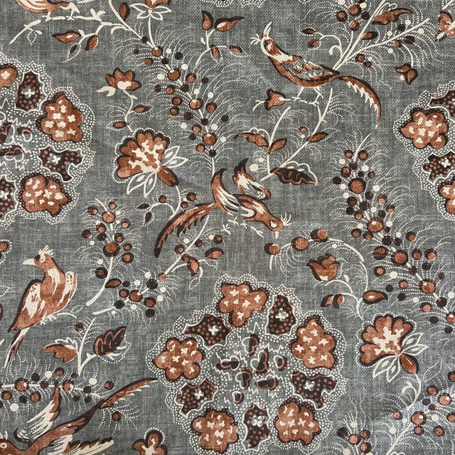 English Suzanne tucker Amara in grey and chestnut brown printed linen fabric- 3 1/2 Yards