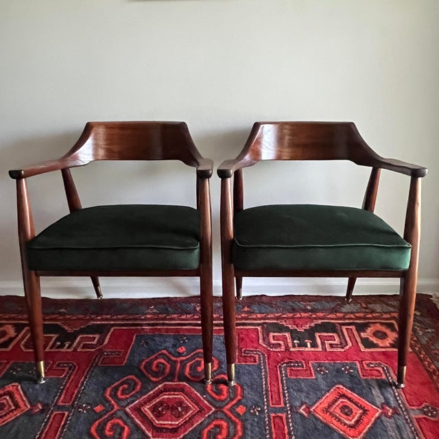 Mid-Century Modern Chairs, Jasper Chair Company Walnut Armchairs in Emerald Green Velvet- A Pair For Sale - Image 11 of 12