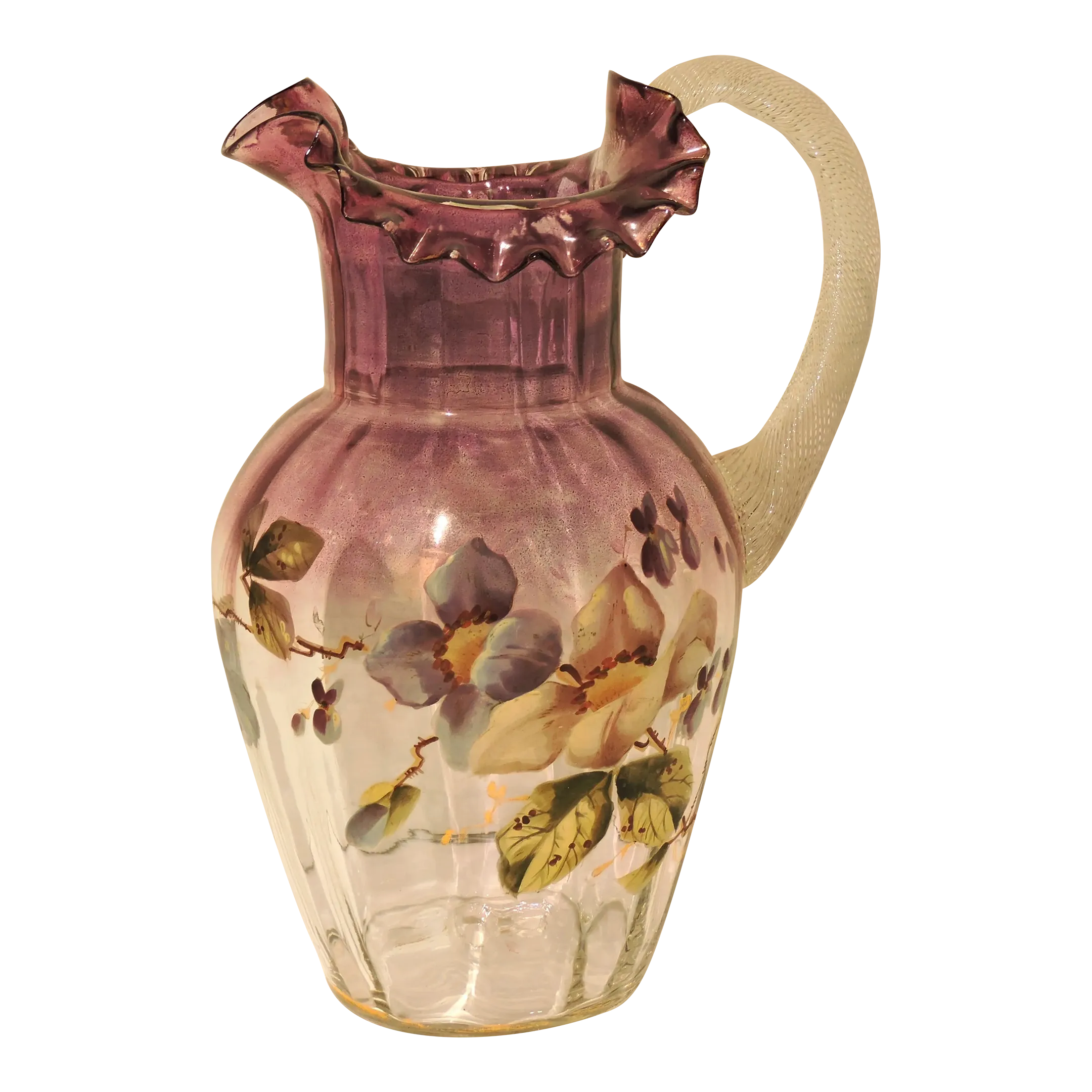 1990s Fenton Art Glass Pitcher Dogwood on Mulberry Over Clear