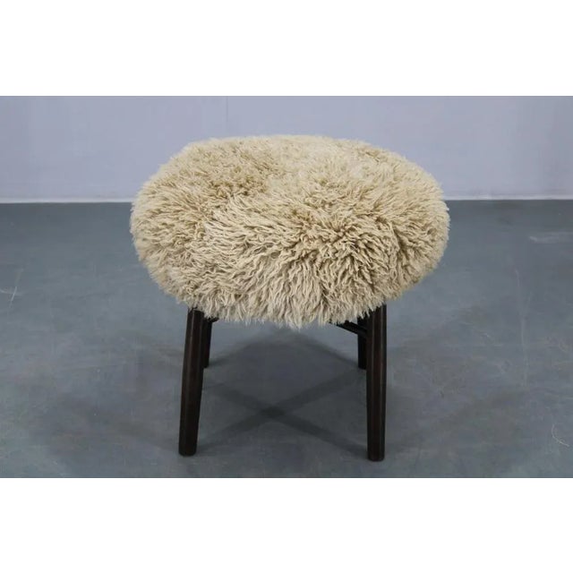 Wooden Stool with Sheepskin Upholstery, 1950s For Sale - Image 3 of 10