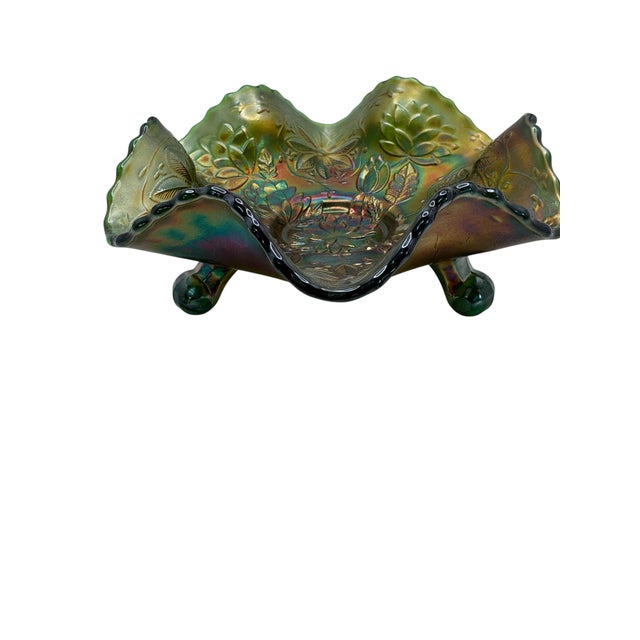 Fenton Water Lily Green Carnival Glass Footed Bowl For Sale - Image 6 of 7