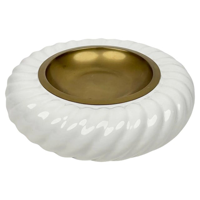 Italian Ashtray in White Ceramic and Brass by Tommaso Barbi, 1970s For Sale