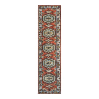 3X12Ft. Brunt Orange Light Blue Persian Design Inspired Hand Knotted Wool Runner Rug For Sale