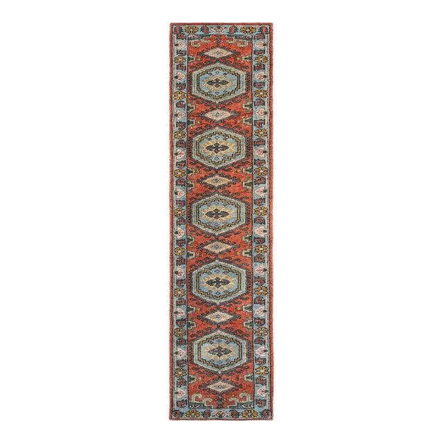 3X12Ft. Brunt Orange Light Blue Persian Design Inspired Hand Knotted Wool Runner Rug For Sale