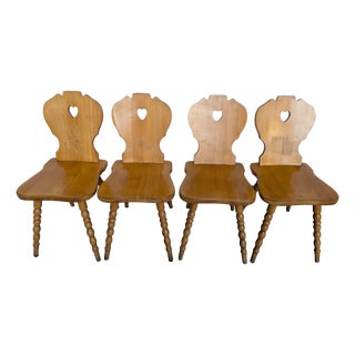 Vintage Tyrolean Farmhouse Heart Cutout Wooden Dining Chairs, 1970s, Set of 4 For Sale