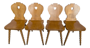 Vintage Tyrolean Farmhouse Heart Cutout Wooden Dining Chairs, 1970s, Set of 4
