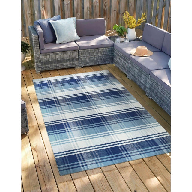 Contemporary 10x14 Sophisticated Elegant Blue Large Scale Plaid Geometric Flatweave Wool Rug For Sale - Image 3 of 9
