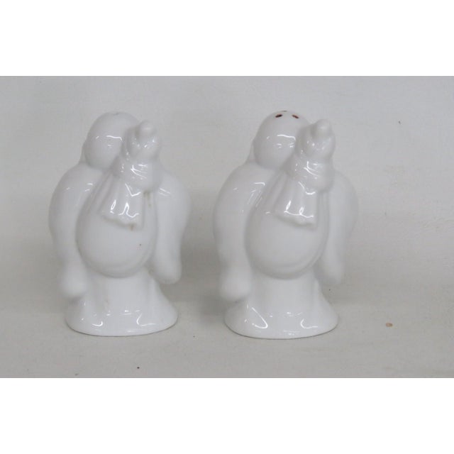 Mid 20th Century White Ceramic Salt and Pepper Shakers 2pc Pair Laughing Buddha Figurines For Sale - Image 4 of 10