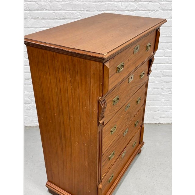 Late 19th Century Antique Danish Pine Chest of Drawers | Carved Details + Brass Hardware, Late 19th Century For Sale - Image 5 of 15